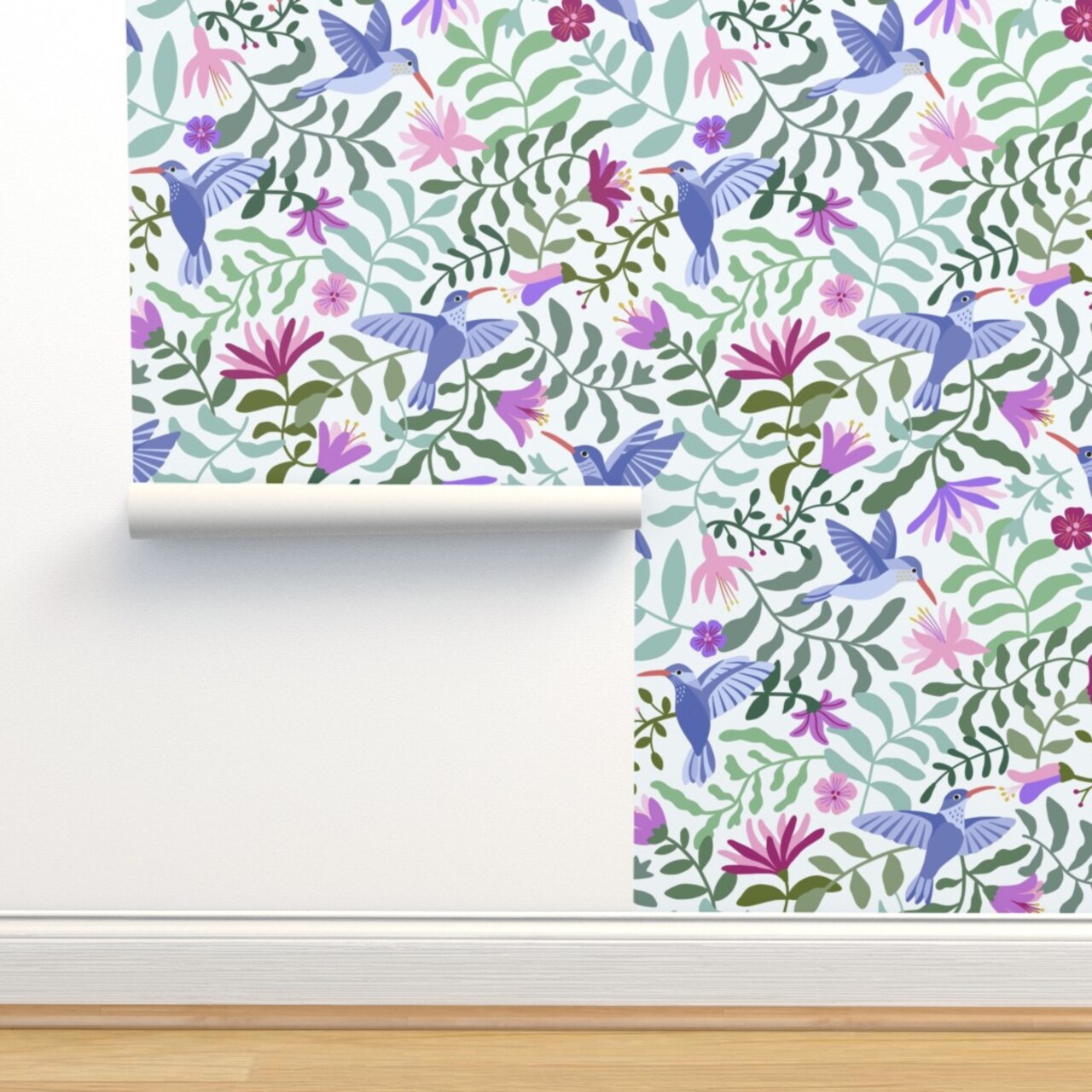 Hummingbird Flower Purple Birds Foliage Green Leaves Garden Large Scale Botanical Blue Bird Cute Animals Spring Summer Custom Removable Wallpaper by Spoonflower Peel & Stick Wallpaper 2FT Wide